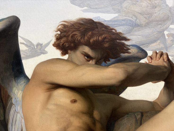 Pintura de Alexandre Cabanel: um anjo de asas escuras e cabelos ruivos revoltos encara o espectador por cima do braço dobrado, com uma lágrima no rosto e expressão de ressentimento.