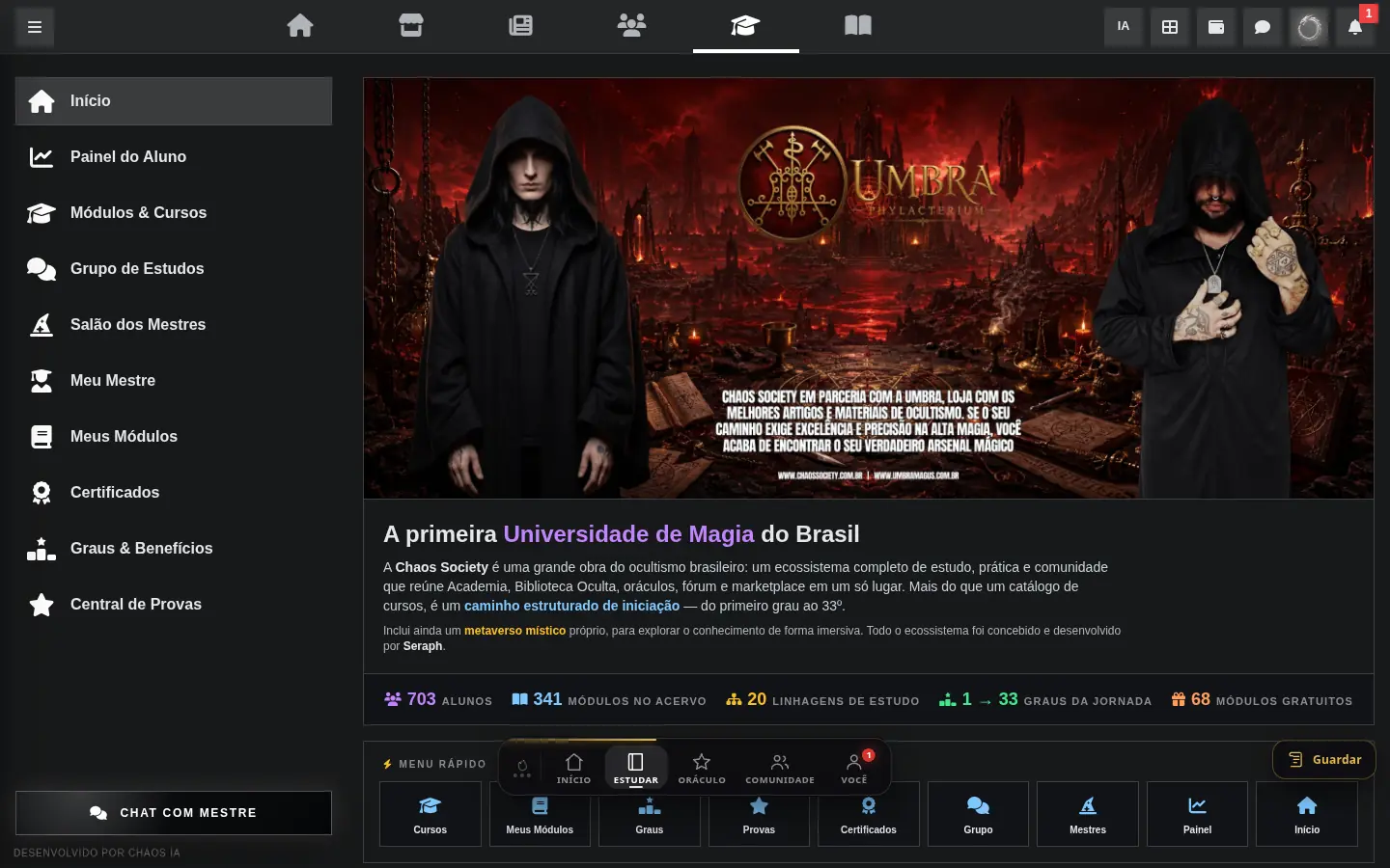 A Academia por dentro: menu com Painel do Aluno, Salão dos Mestres, Meus Módulos, Certificados e Central de Provas