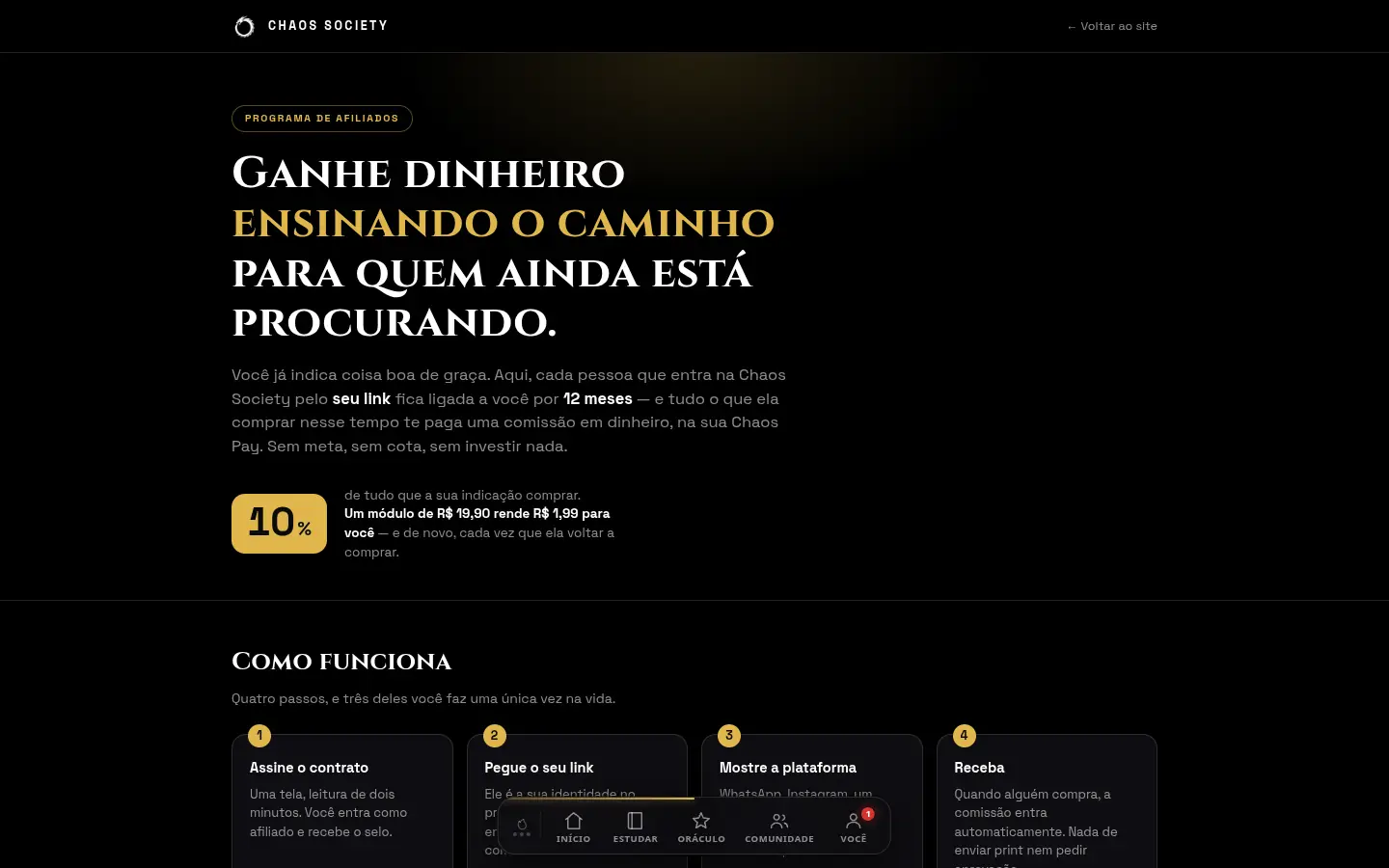 A página do programa de afiliados, com a calculadora de comissão