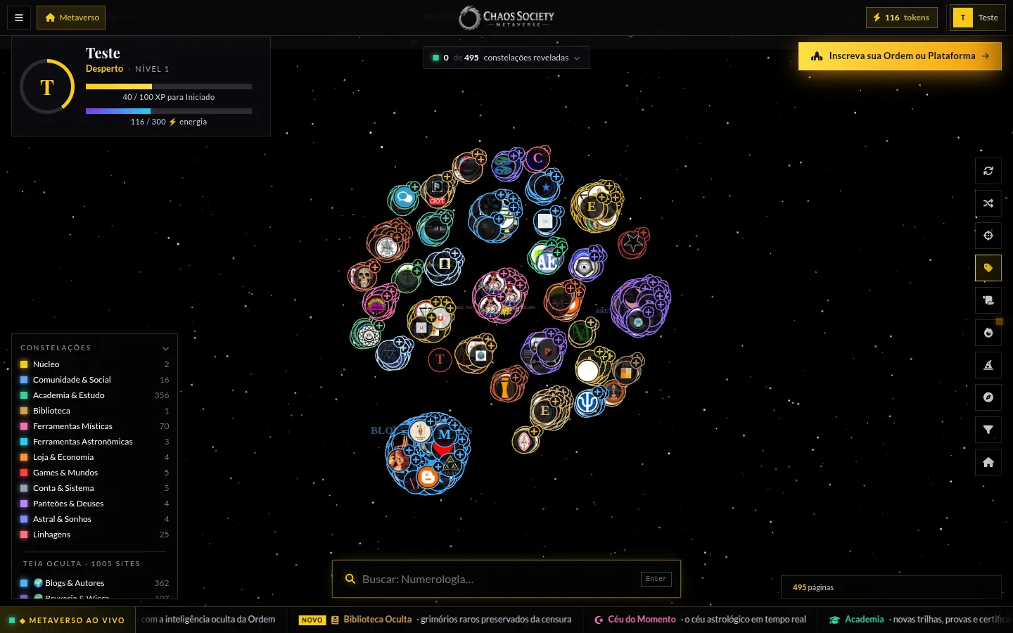 O metaverso 3D da Chaos Society: grafo de estrelas ligando sites de ocultismo catalogados