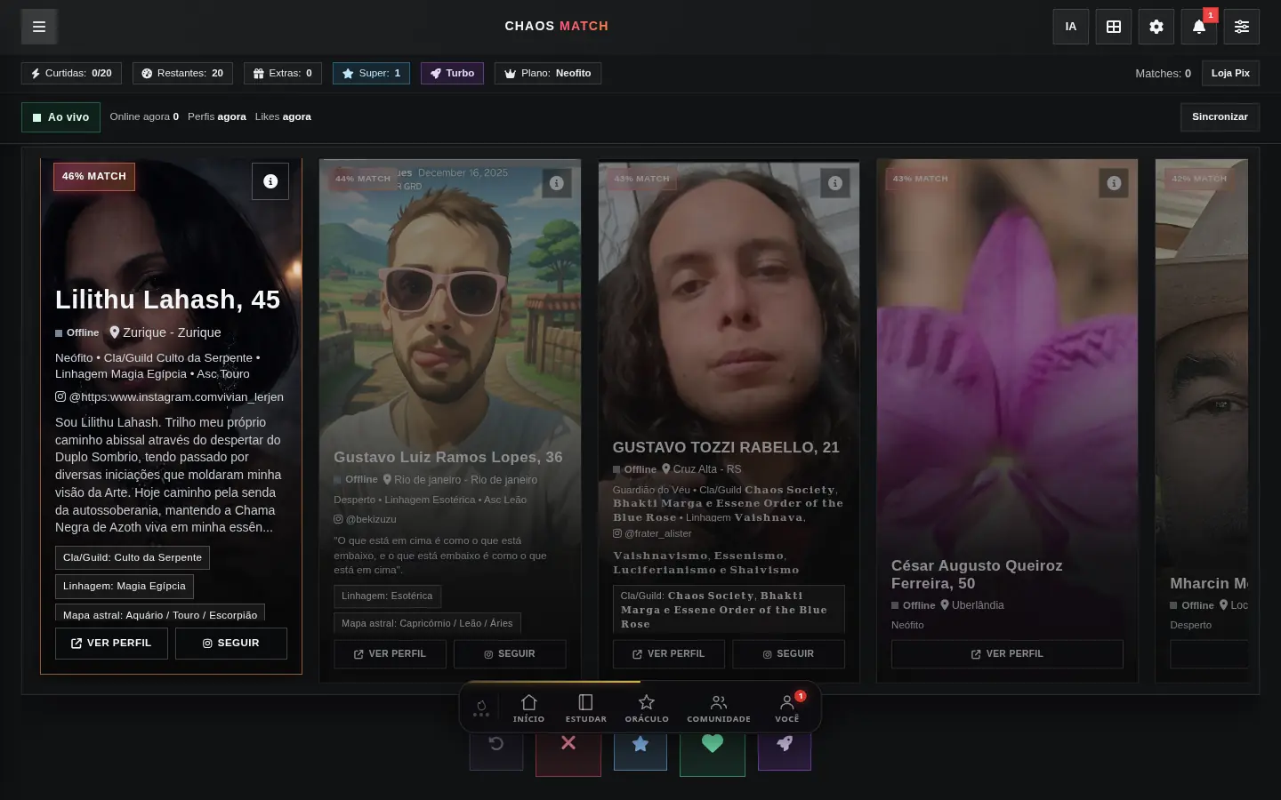 O Chaos Match: cartões de perfil de membros com linhagem, caminho e interesses