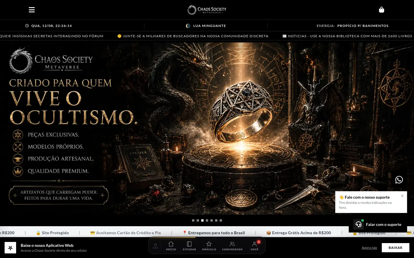 A loja da Chaos Society com produtos de ocultismo à venda