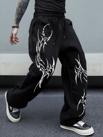 Calça de Moletom Reta de Estilo Gótico Estampada, Fit Solto, Unissex, Casual Streetwear, Roupa Esportiva Confo