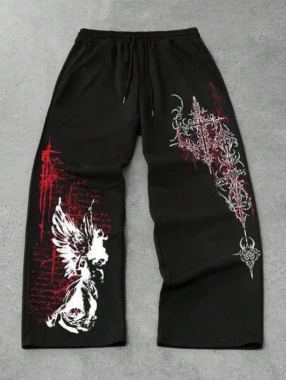 ROMWE MEN Goth Calça de Moletom Casual Reta e Larga com Estampa Floral Escura, Calça Esportiva Confortável par