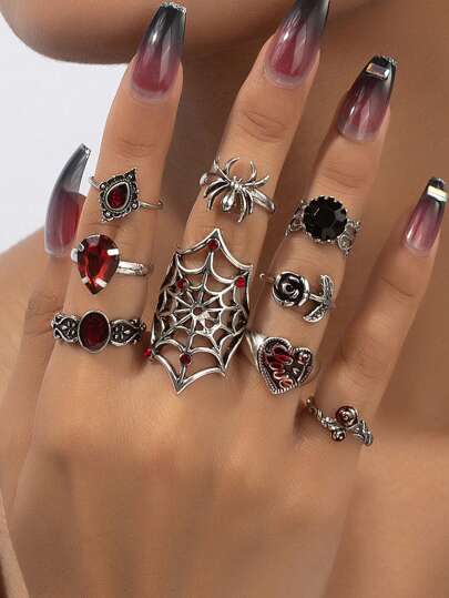 9 Peças/Conjunto Anel Empilhável Estilo Gótico Vitoriano de Vampiro com Rosa Vermelho Escuro e Teia de Aranha 