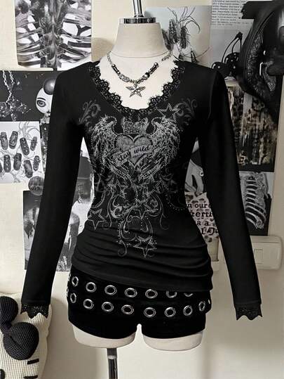 Attitoon Camiseta de Manga Longa Ajustada com Decote em V Profundo e Acabamento em Renda, Adequada para Outono