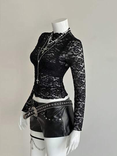 SHEIN Unity Top de Renda Sexy Preto da Moda Feminina
