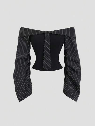 Sweetra Blusa Sexy de Festa de Ajuste Slim com Manga Longa Ombro de Fora, Recorte Assimétrico Inspirado no Gót