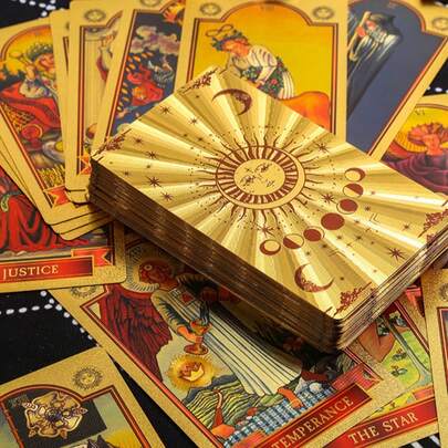 Cartas de Tarô com Folha de Ouro - 78 Cartas à Prova d'Água, Acompanhadas de Instruções, Divinação Conveniente