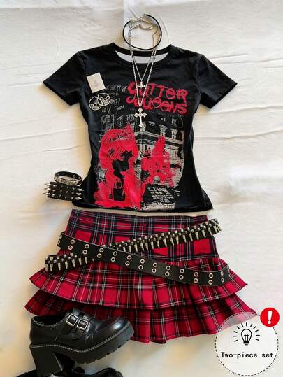 INAWLY Conjunto de 2 peças com Camiseta Estampada Gótica Y2K para Mulheres, incluindo Saia. Estilo Rock Grunge