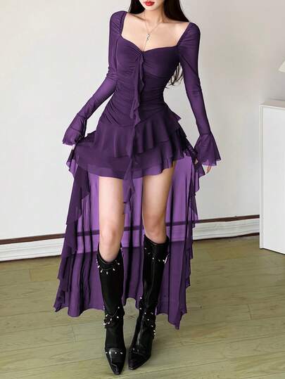 Vestido de Manga Longa com Gola Quadrada Fashionável de Cintura Alta, Ajustado, Cor Sólida Vibrante, Bainha As