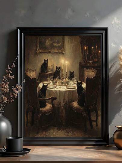 1 Peça Arte de Jantar Gótico Gato Preto, Pintura de Animal Vitoriano Sombrio Academia Escura, Presente Ideal, 