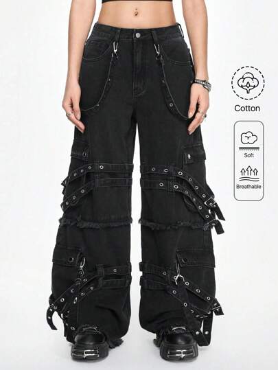SHEIN X YERIMUA ROMWE Grunge Punk Jeans de Perna Larga e Solta em Estilo de Rua Punk Casual com Decoração de T