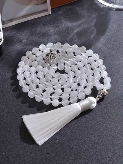 Colar de Contas Mala de Jade Branco com 108 Contas de 8mm - Joias Boêmias Retrô Unissex para Meditação, Oração