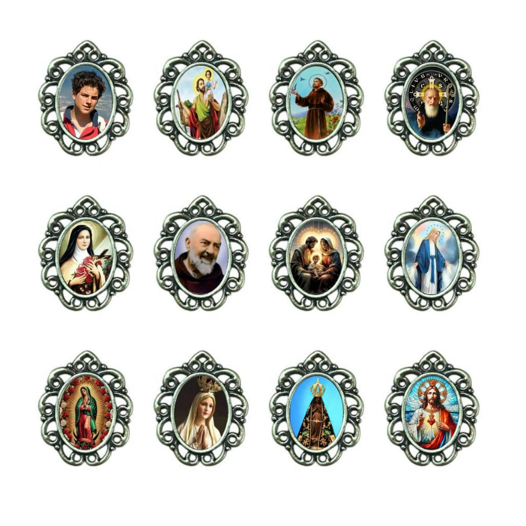 Medalha resinada com Santos de Devoção Simbolos Católicos Ouro velho 12 ou 30 unidades para artesanto religios