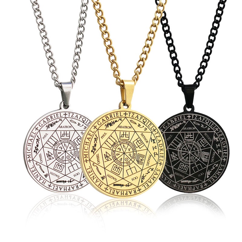 Aço Inoxidável 7 Arcanjos Amuleto Pingente Colares Para Homens Runa Vintage Invocação Mágica De Círculo De Sel