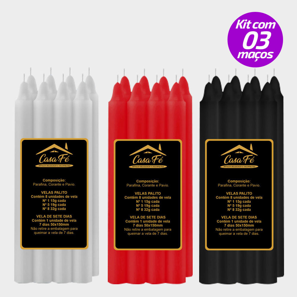 KIT 3 MAÇOS VELAS PALITO N1 BRANCA VERMELHA E PRETA 120G CASA FÉ