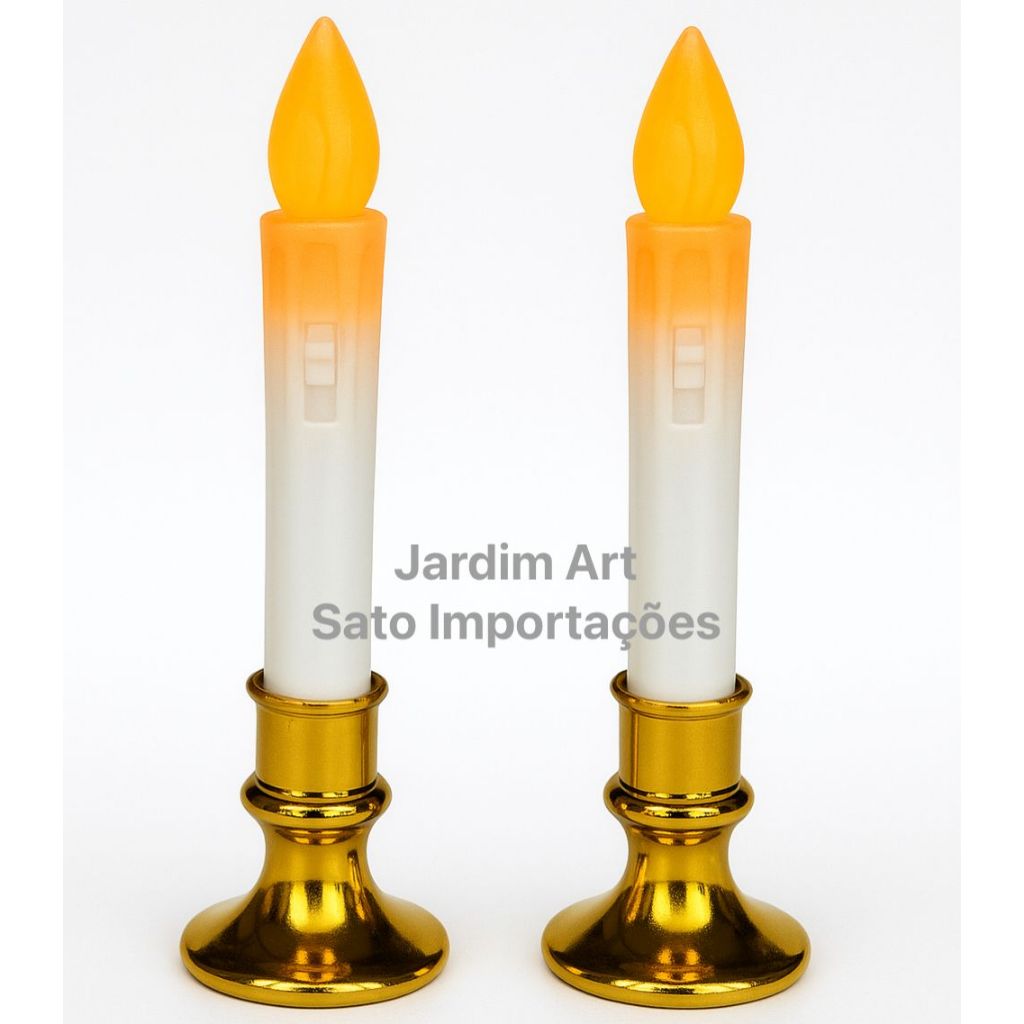 Kit 2 Velas de LED Decorativas Douradas com Suporte – Prontas para Uso e Acompanham Baterias