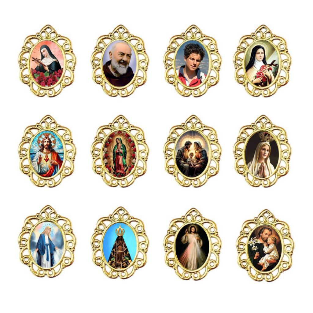 Medalha resinada com Santos de Devoção e Simbolos Católicos Dourado 12 ou 30 unidades para artesanto religioso