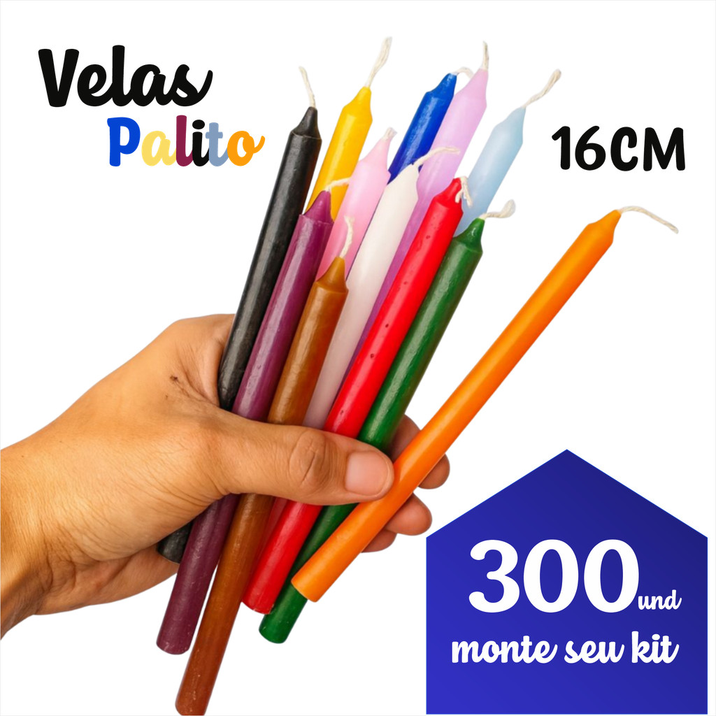 Vela Palito Coloridas Kit com 300 Unidades Parafina Pura Atacado