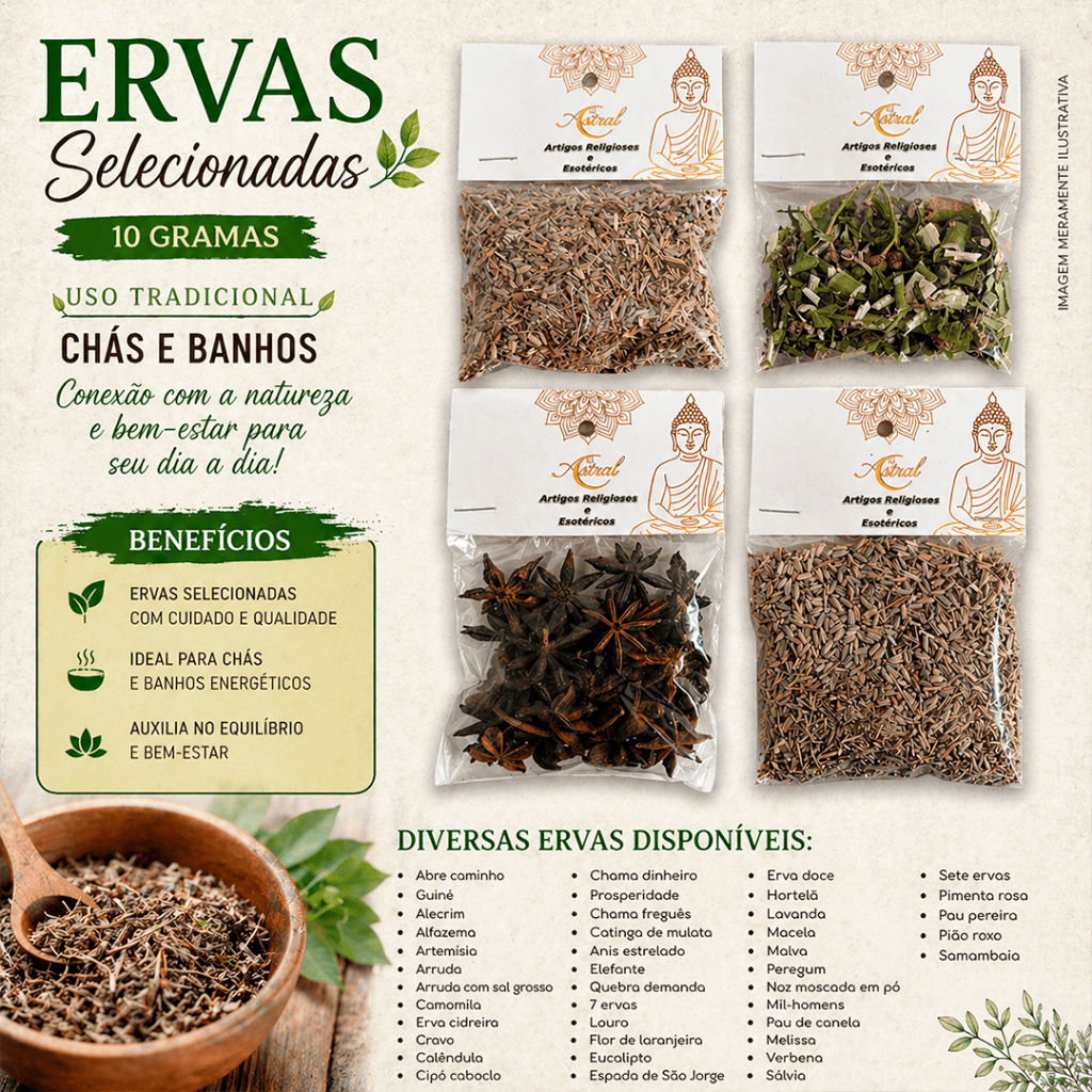 Ervas Naturais 10g para Banho e Chá Limpeza Espiritual Proteção Prosperidade e Energia Positiva 40 Tipos
