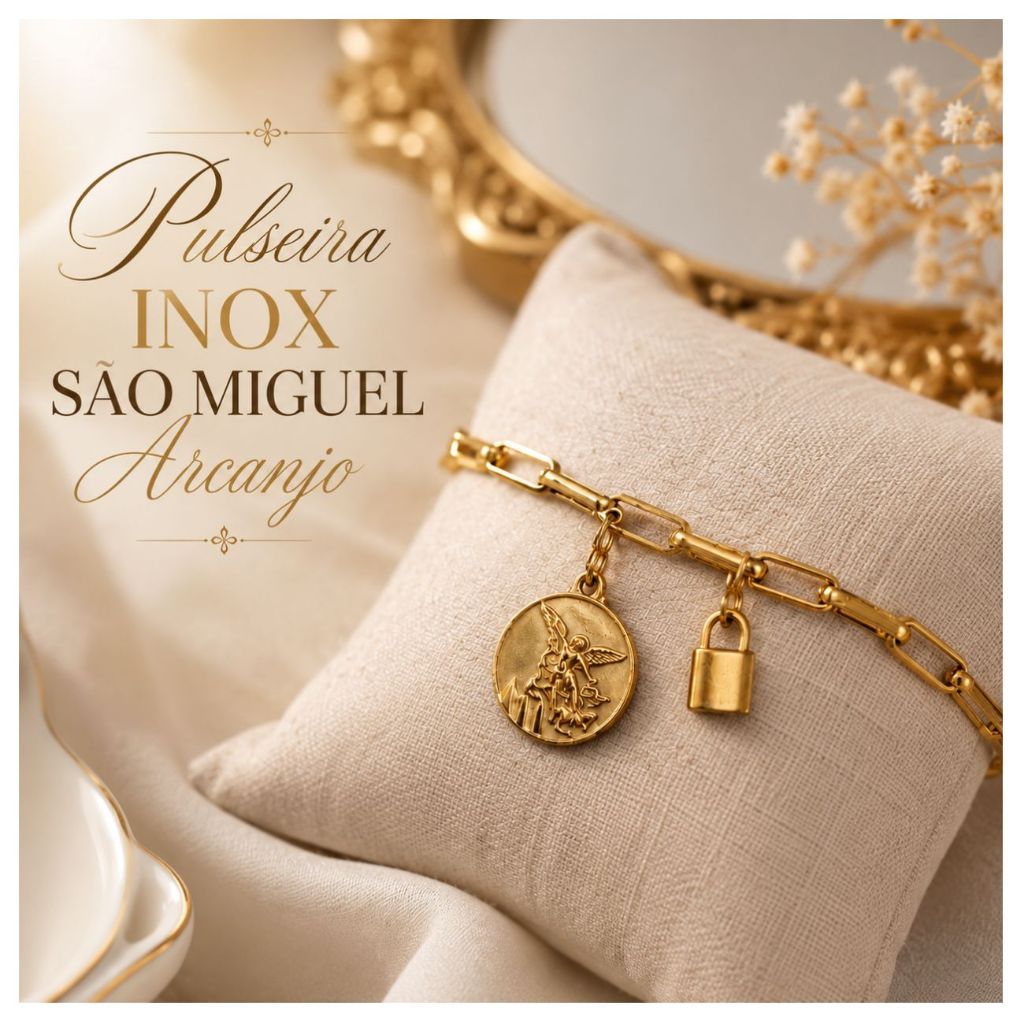 Pulseira Pingente Medalha São Miguel Arcanjo Cadeado Aço Inoxidável Dourado