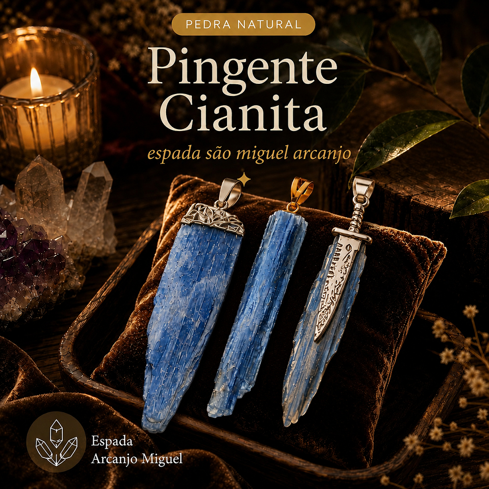 Pingente Cianita Azul Natural Proteção Energética Espada São Miguel Arcanjo Pedra Premium Espiritual