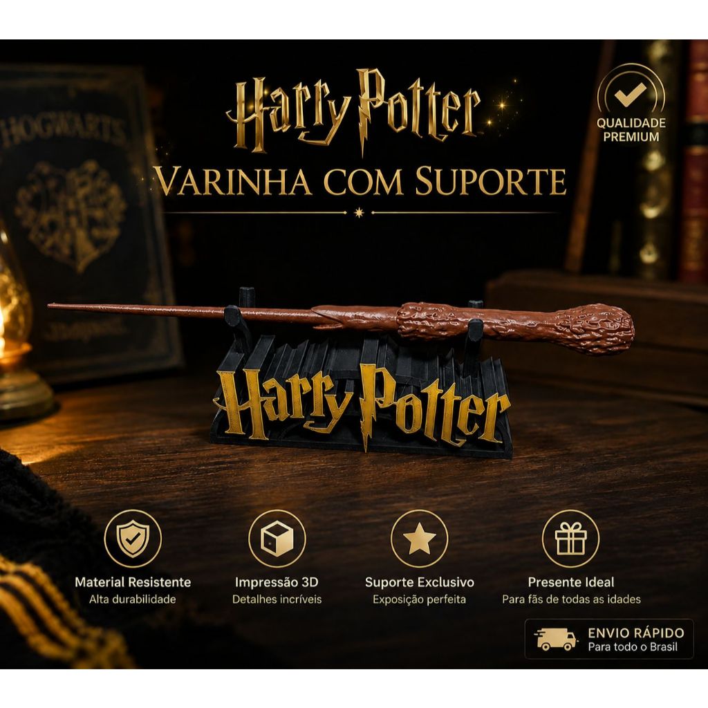 Varinha Harry Potter com suporte Decorativa Colecionável em Impressão 3D Premium Fan Art