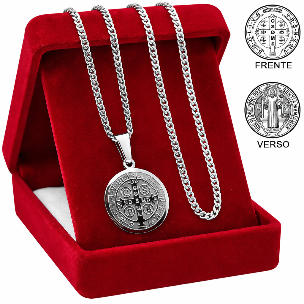 Corrente Colar Religioso Aço Inox Prata com Pingente Medalha Cruz Sao Bento